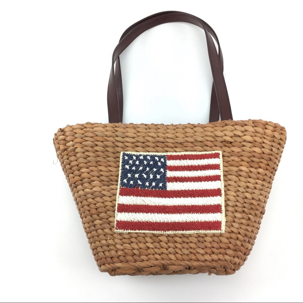 Straw USA American flag bucket handbag purse